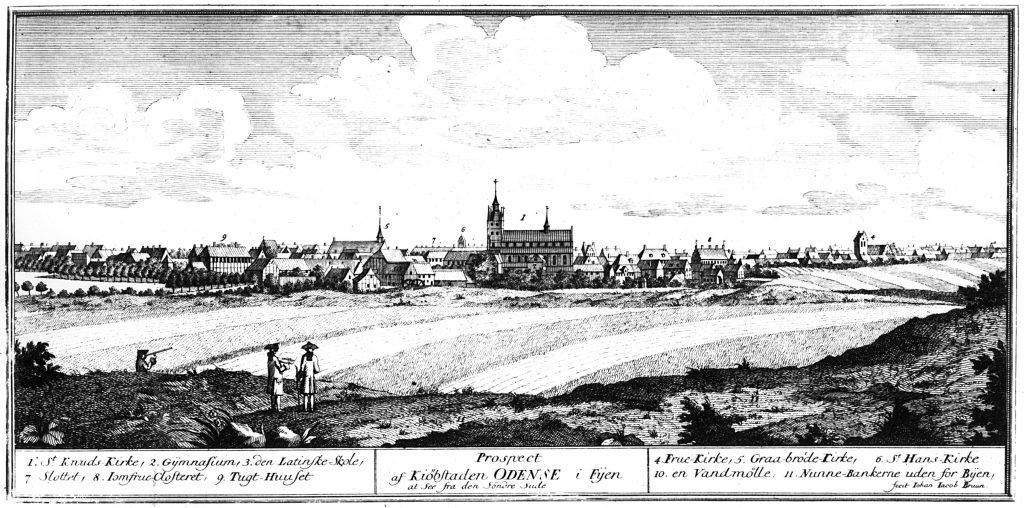 Prospekt over Odense set fra syd. (udført af Jacob Bruun, 1762)