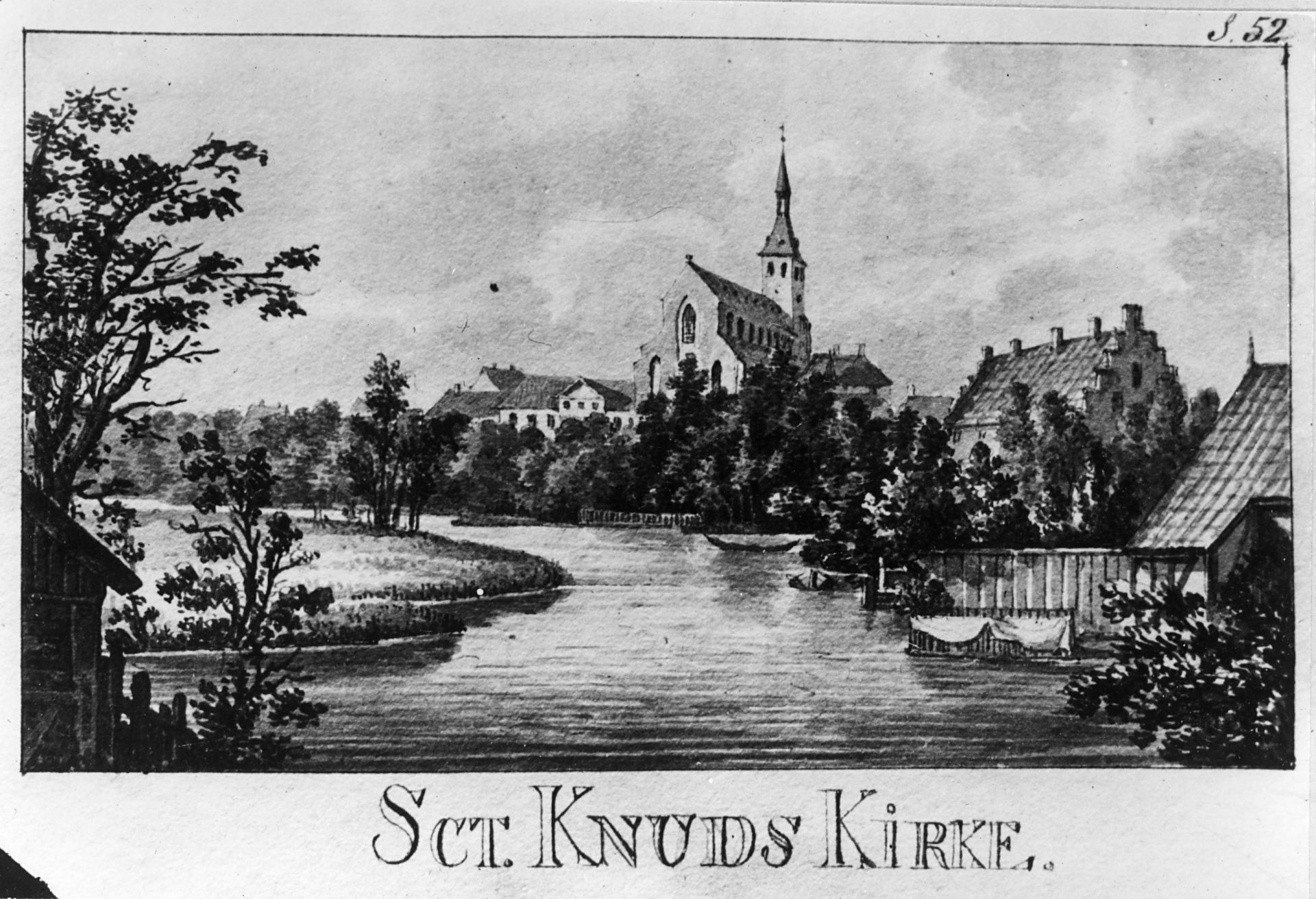 Odense Å og Skt. Knuds Kirke, 1820. (efter Finn Magnussen: Rejse, 1820)